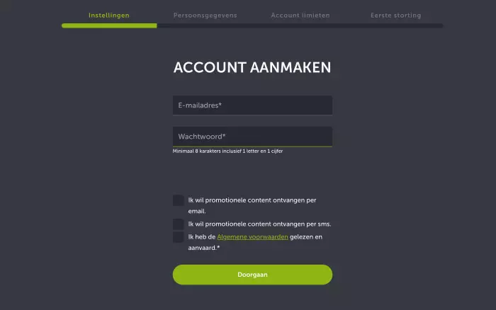 Eerste stap account aanmaken bij Comeon