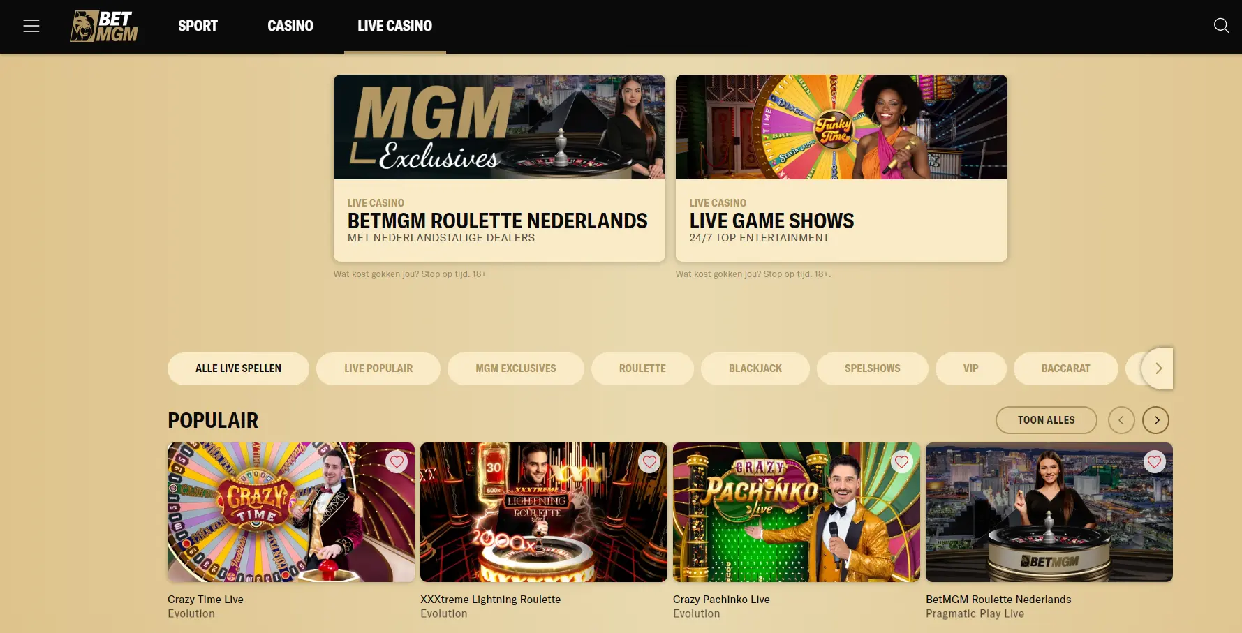 Live casino lobby van BetMGM Nederland